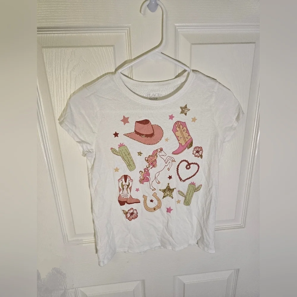 Children's Place Girls Western Unicorn White Short Sleeve Tee Large